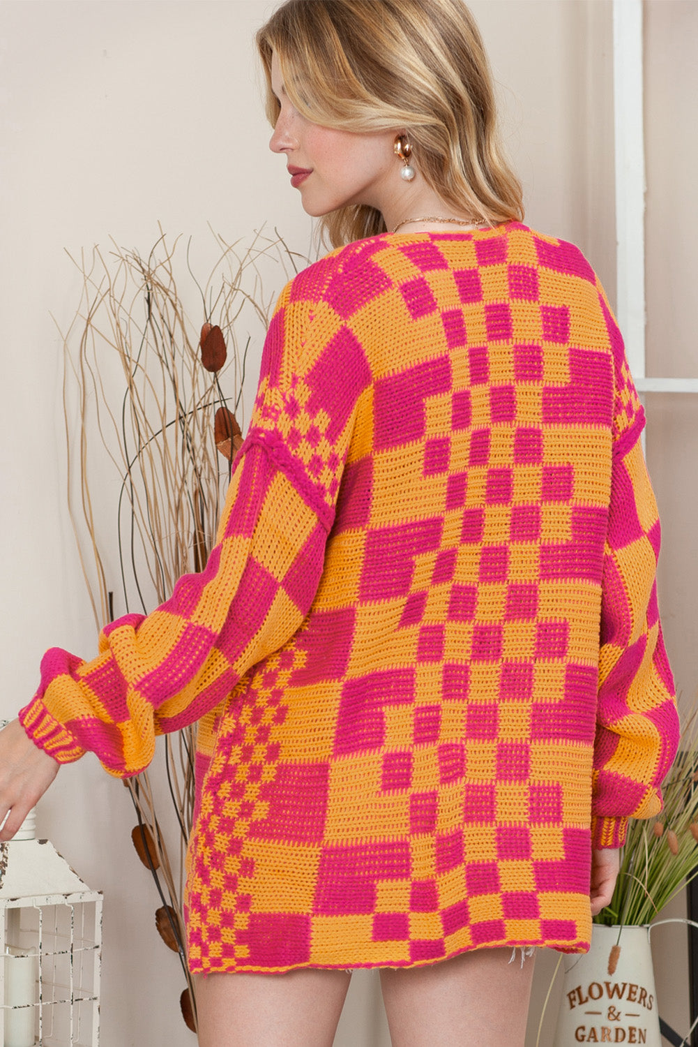 Multicolor Plaid Open Front Knitted Cardigan