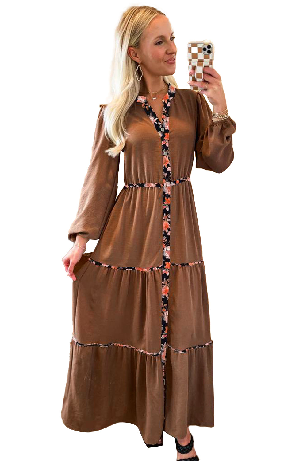 Chestnut Floral Patchwork Notched Neck Long Sleeve Maxi Dress