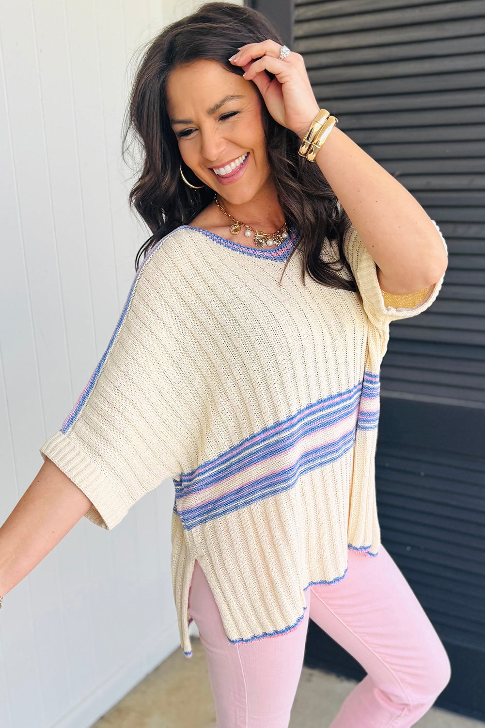 White Striped V Neck Dolman Sleeve Knit Sweater