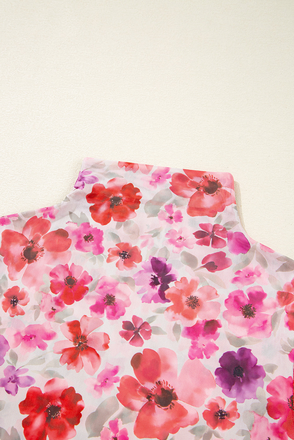 Red Floral Print Long Sleeve Slim Fit Mesh Top