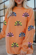 Orange Turkey Graphic Sequins Patch Corded Baggy Sweatshirt