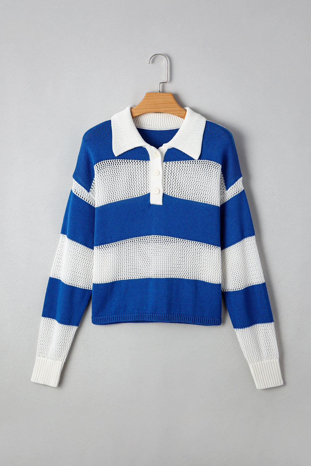 Blue Stripe Colorblock Polo Collar Eyelet Crochet Knit Sweater