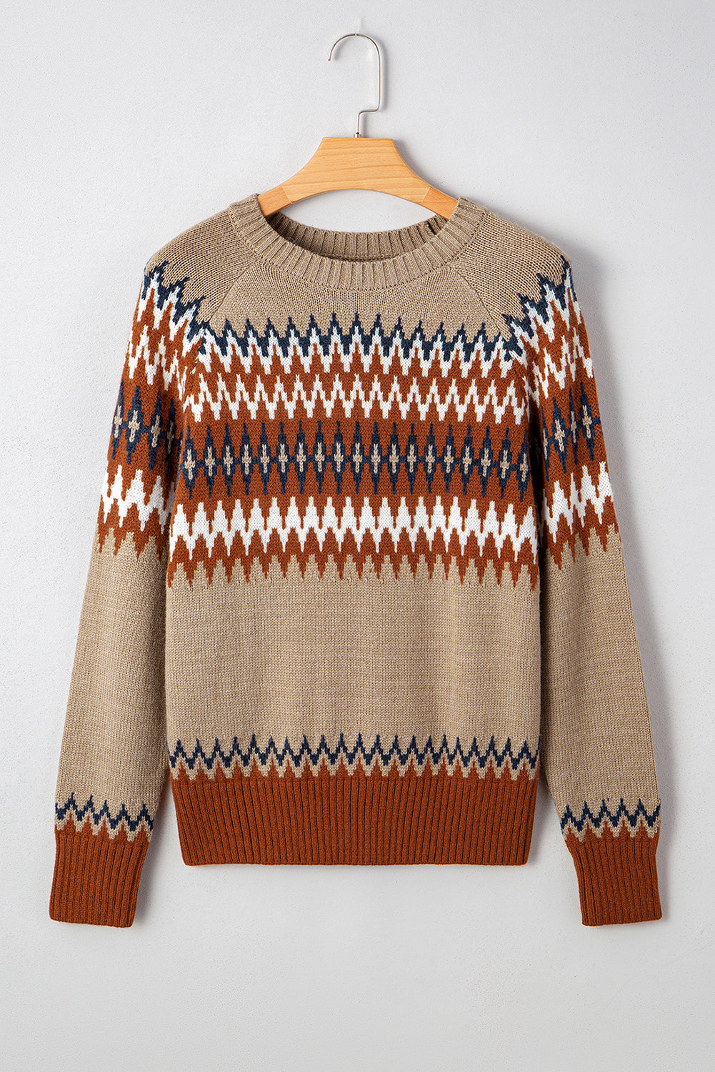 Khaki Geometric Print Colorblock Crew Neck Sweater