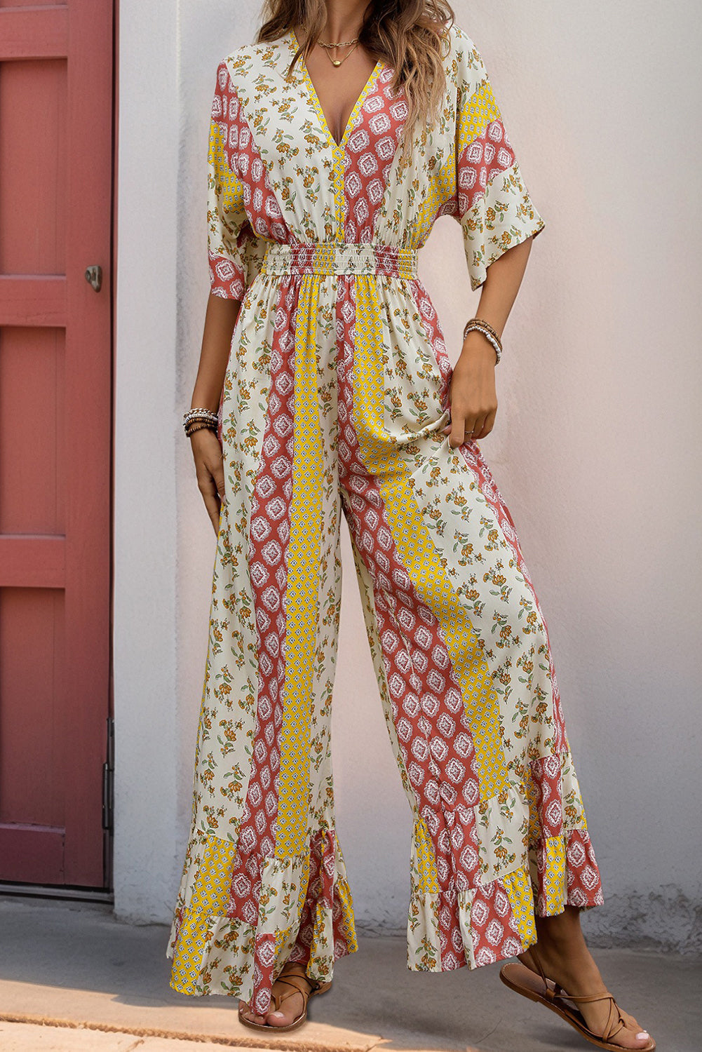 Yellow Boho V Neck Half Sleeve Patchwork Maxi Dress