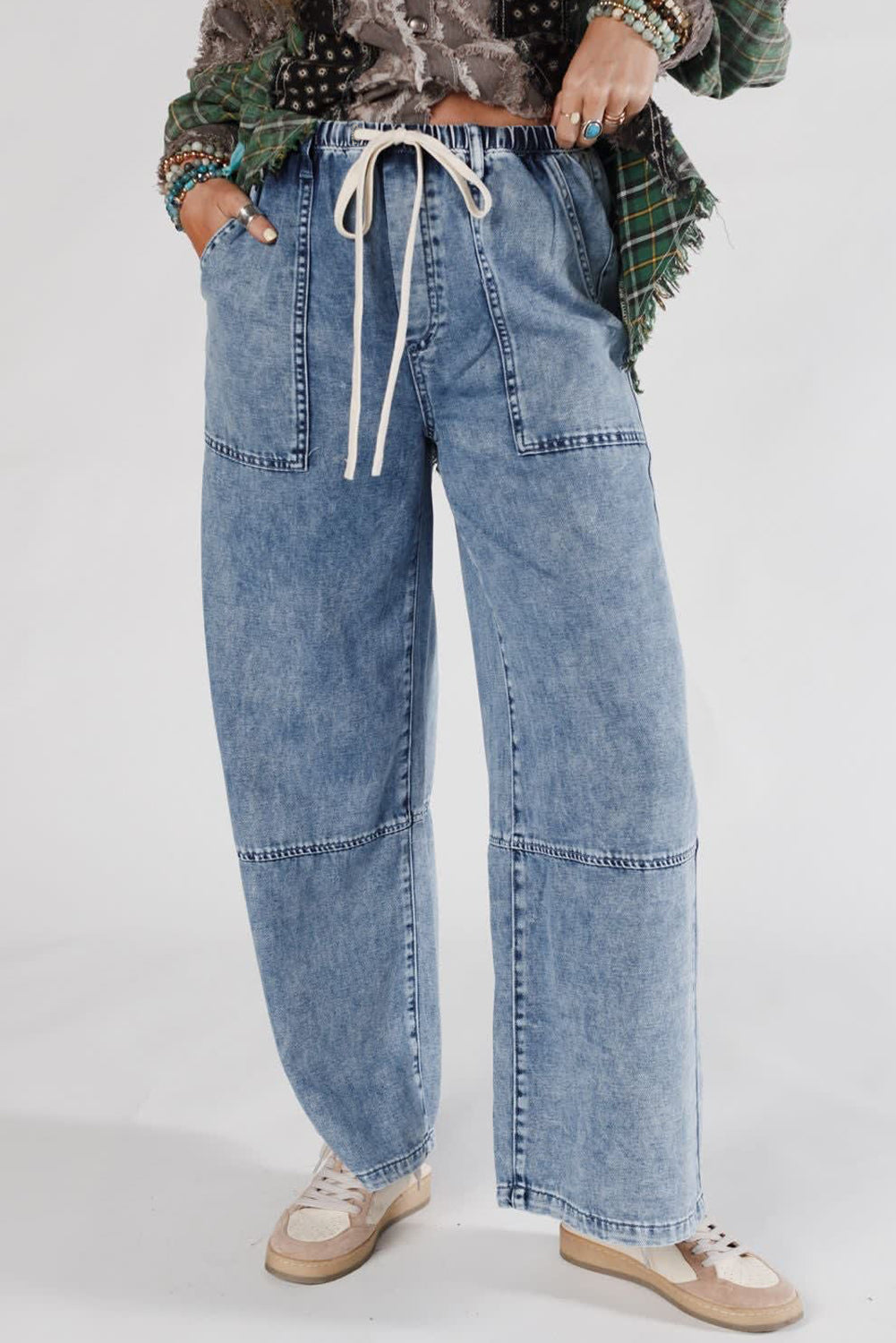 Ashleigh Blue Acid Wash Exposed Seam Drawstring High Waist Jeans