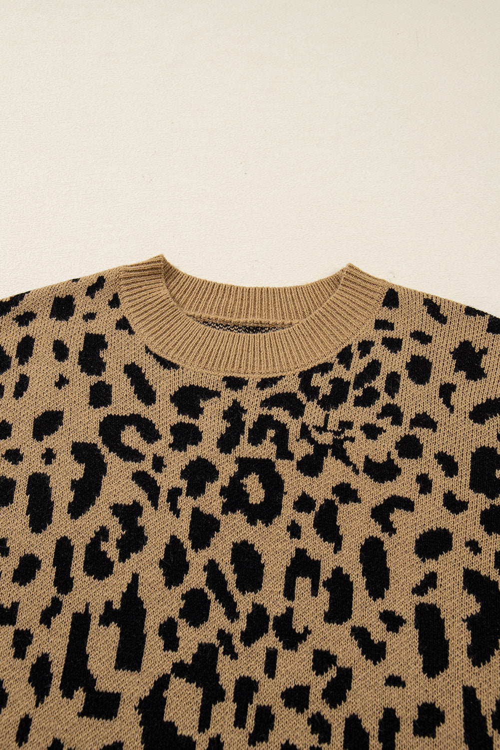 Light French Beige Leopard Round Neck Long Sleeve Sweater
