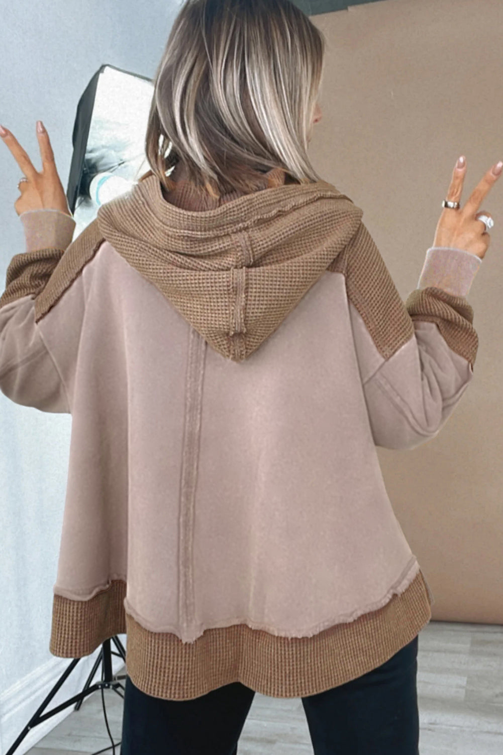 Goat Waffle Patchwork Exposed Seam Oversized Hoodie