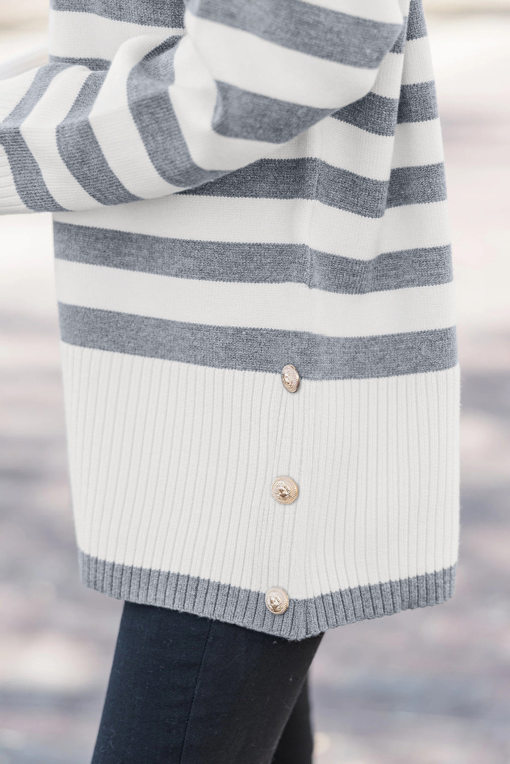 Gray Stripe Ribbed Buttoned Detail Drop Shoulder Tunic Sweater