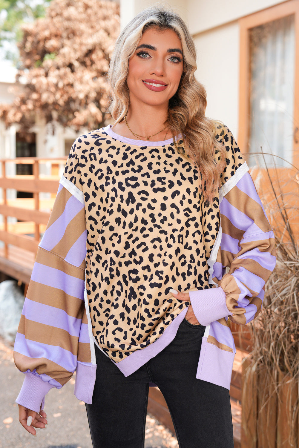 Purple Striped Leopard Colorblock Side Slits Sweatshirt