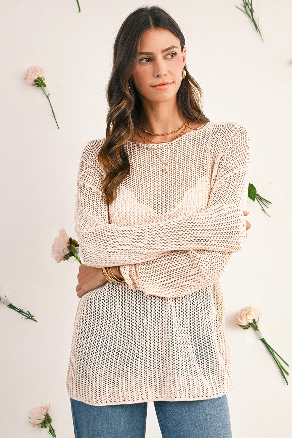 Smoke Gray Crochet Hollow-out Knit Sweater