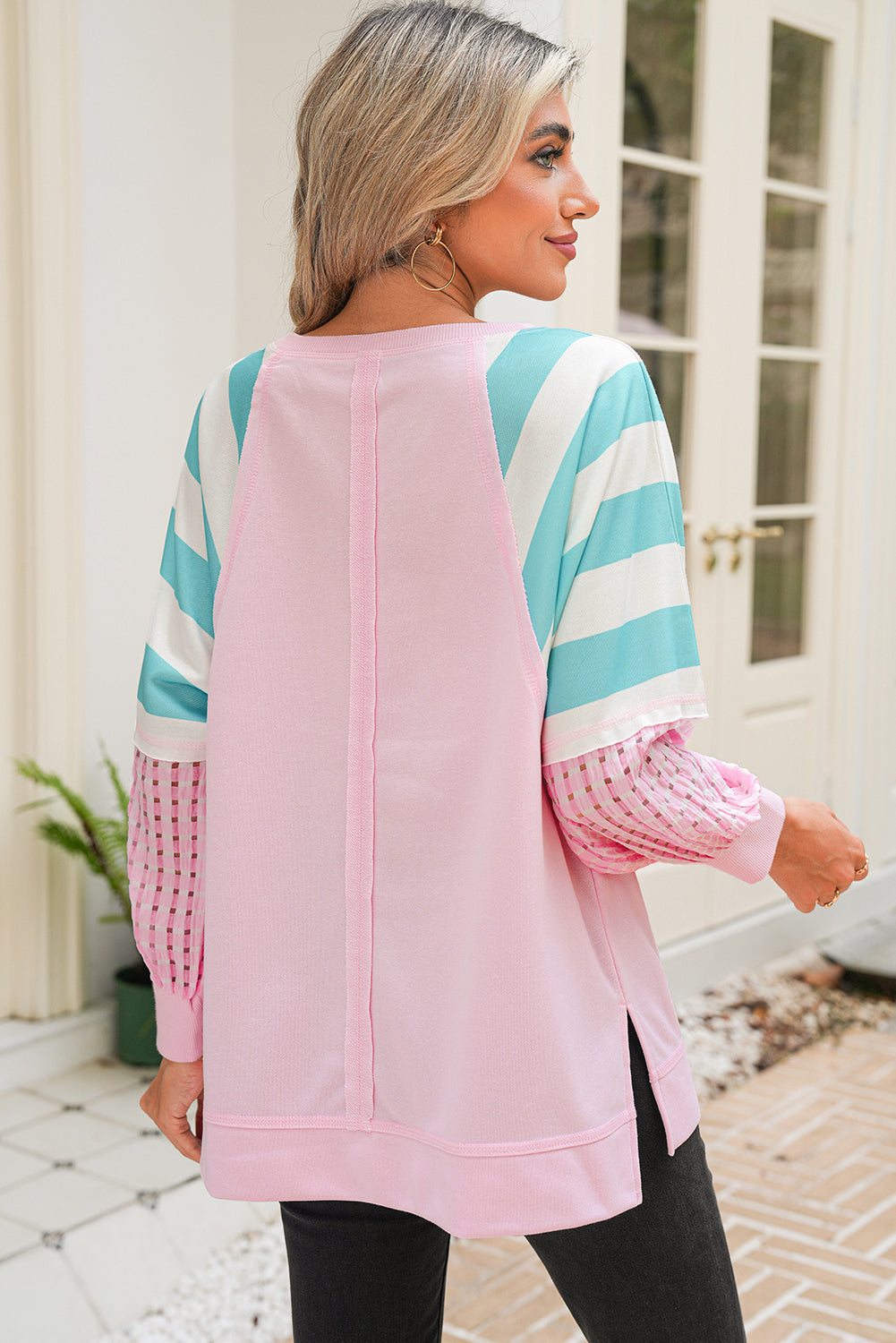 Bonbon Striped Colorblock Patchwork Raglan Sleeve Top