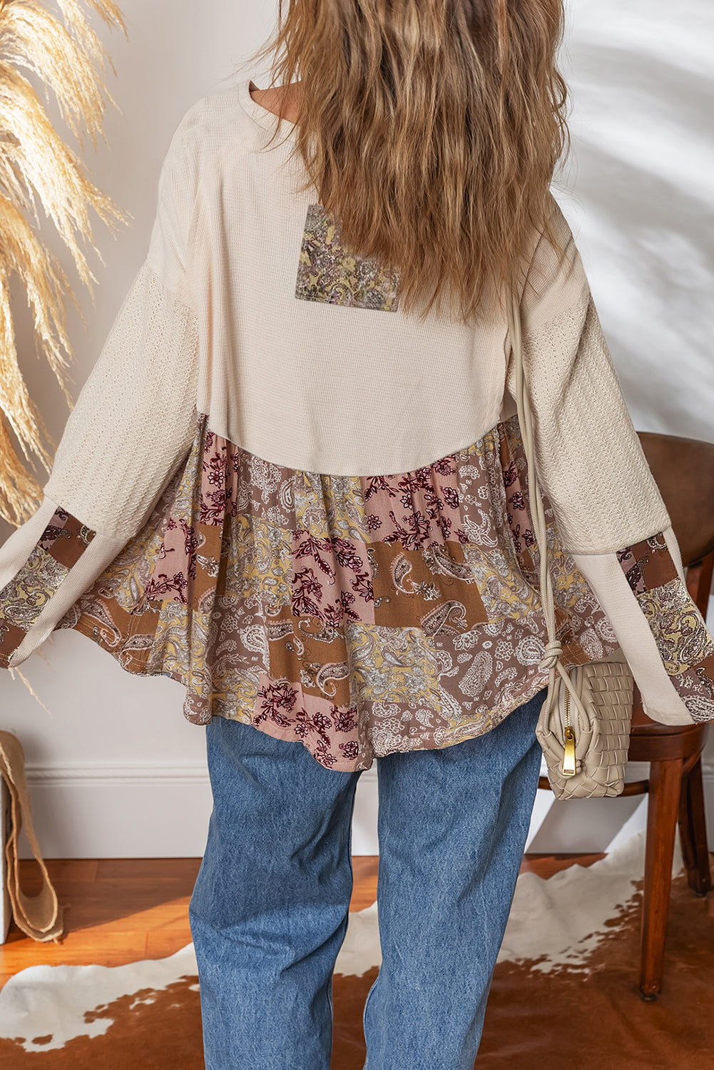 Beige Paisley Ethnic Print Waffle Patchwork Long Sleeve Loose Top