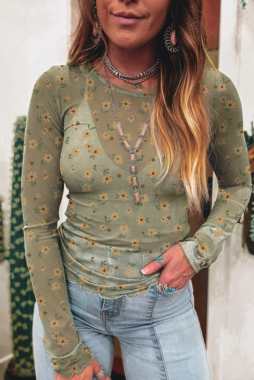 Laurel Green Floral Print Mesh Slim Fit Long Sleeve Top