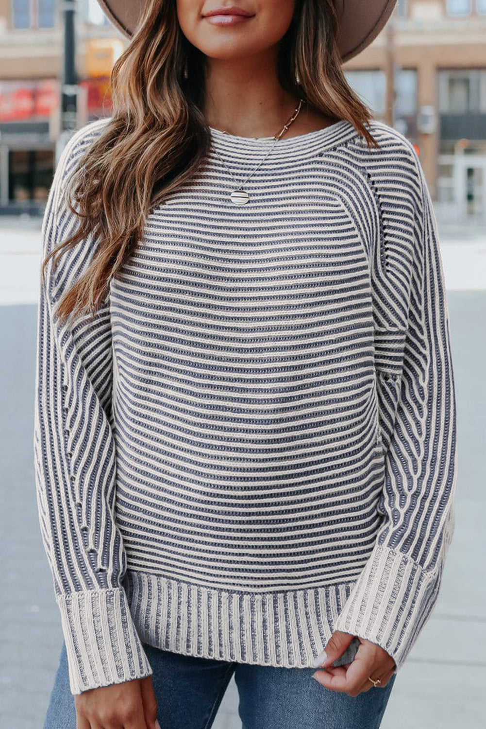 Ashleigh Blue Striped Print Ribbed Knit Raglan Sleeve Baggy Sweater