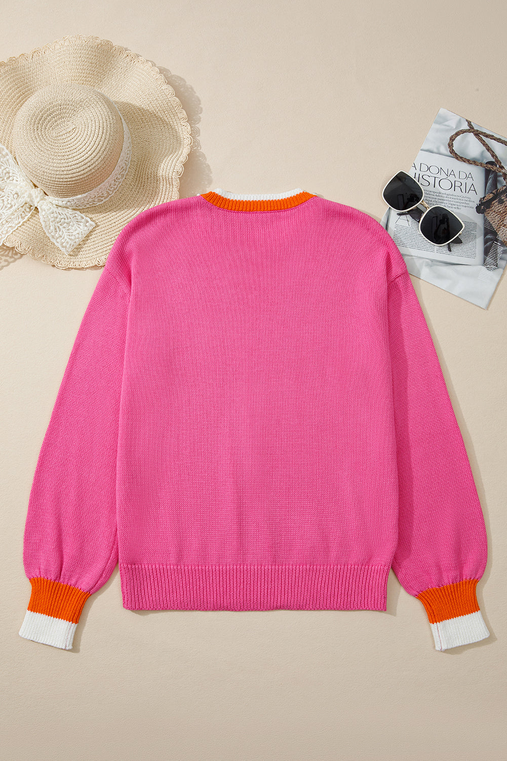 Sachet Pink Contrast Collar Pearl Decor Sweater