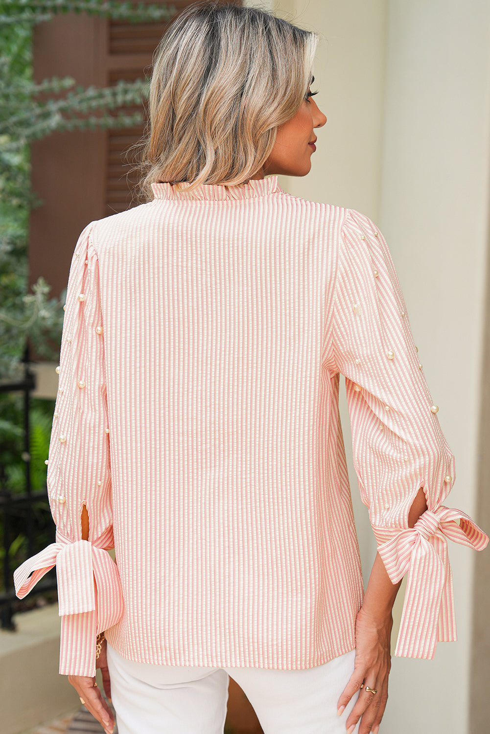Pink Striped Pearl Beaded Knot Cuffs Blouse