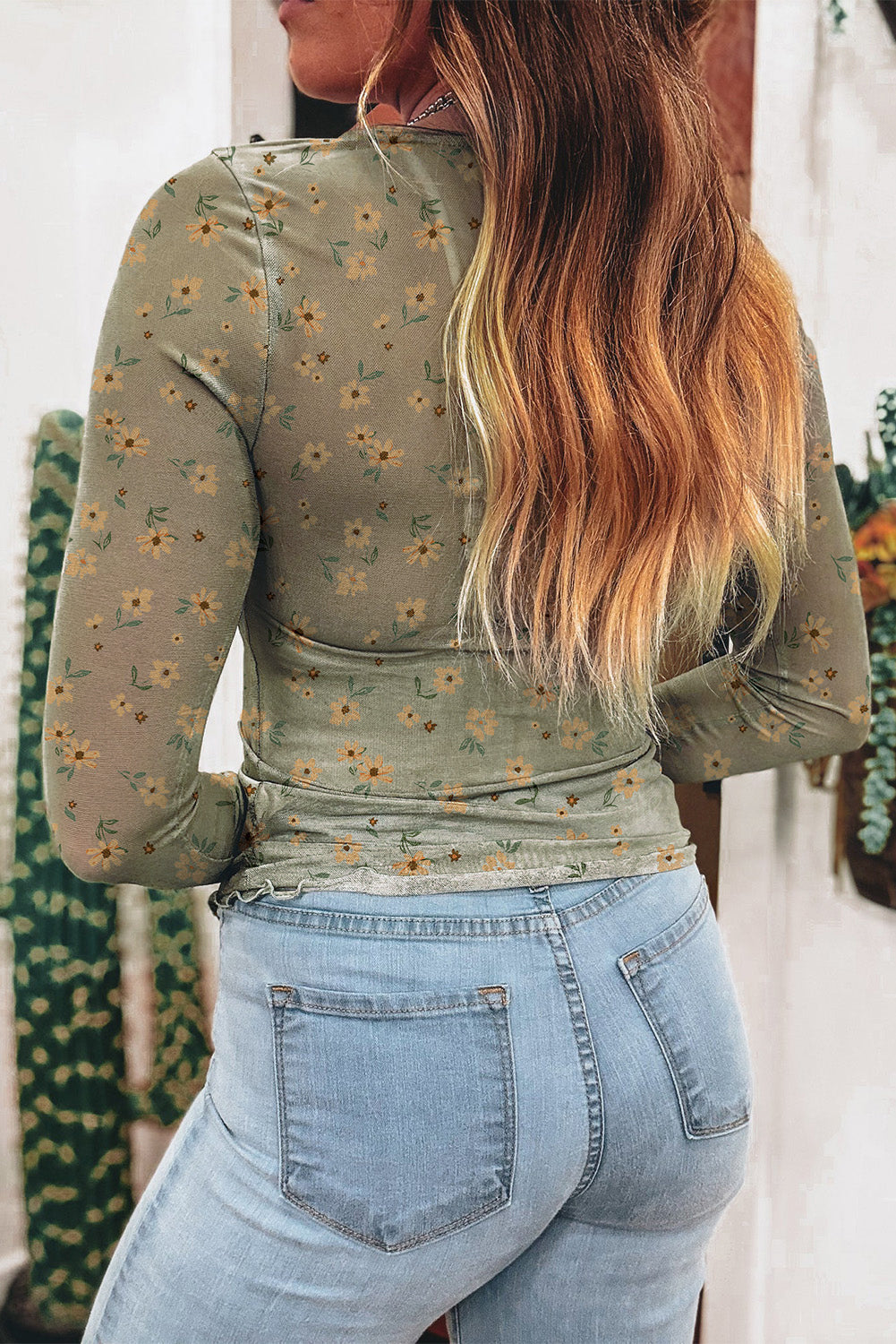 Laurel Green Floral Print Mesh Slim Fit Long Sleeve Top