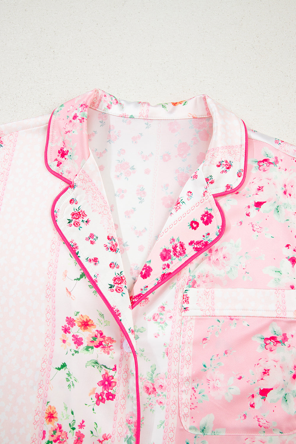 Pink Mixed Floral Print Contrast Piping Trim Satin Tie Pajama Set