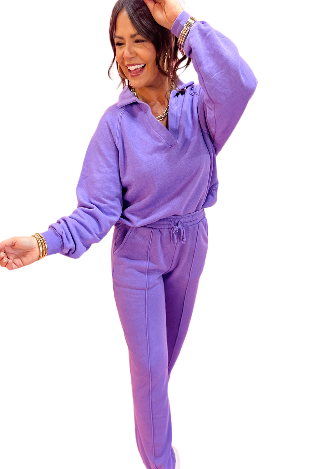 Wisteria Solid Color Collared Pullover and Central Seam Pants Set