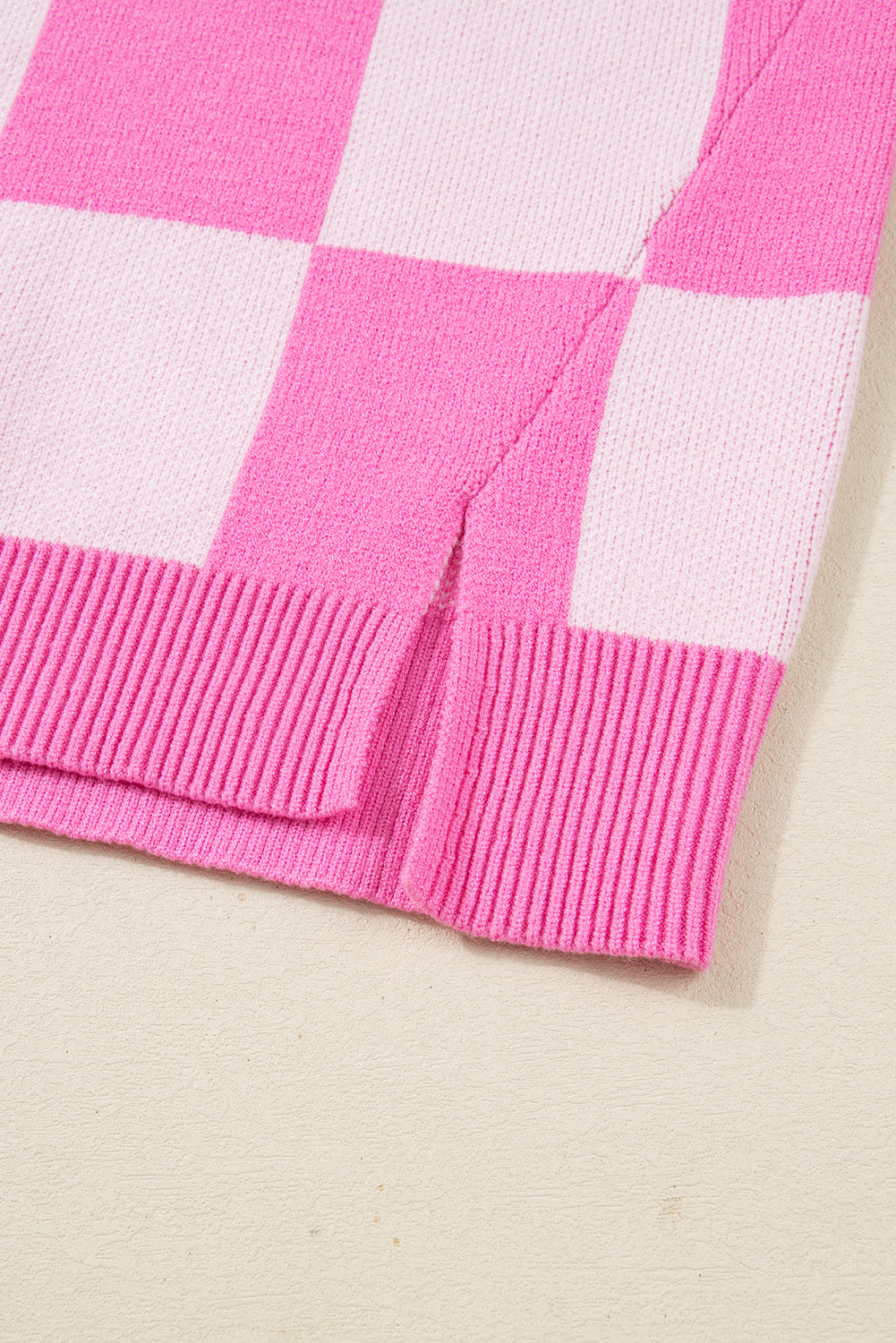 Pink Plus Size Checkered Collared Henley Sweater