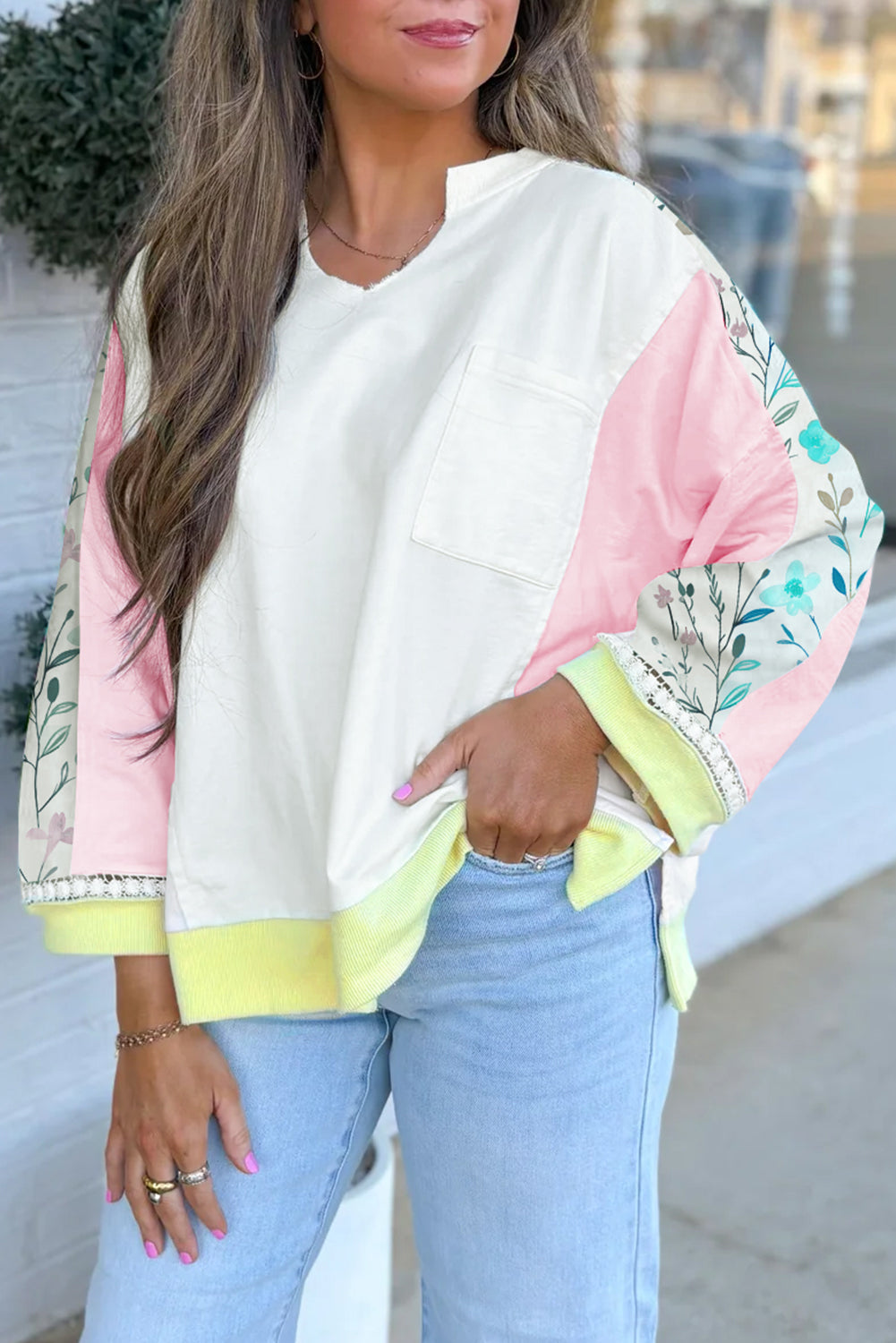 White Floral Colorblock Patchwork Notched Neck Long Sleeve Top