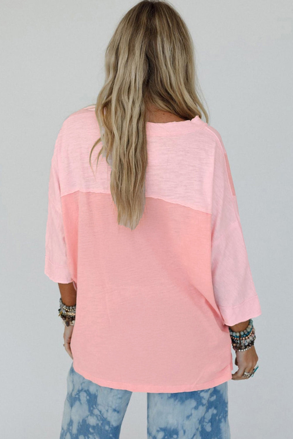 Pink Flower Patched Exposed Seam 3/4 Sleeve top