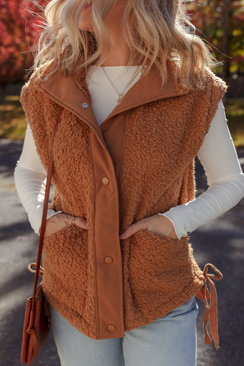 Cinnamon Faux Fur Snap Button Front Knot Side Plush Vest