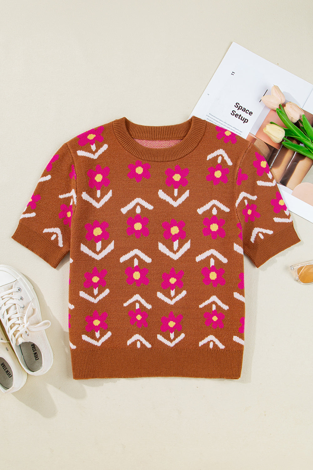 Brown Floral Pattern Short Puff Sleeve Sweater