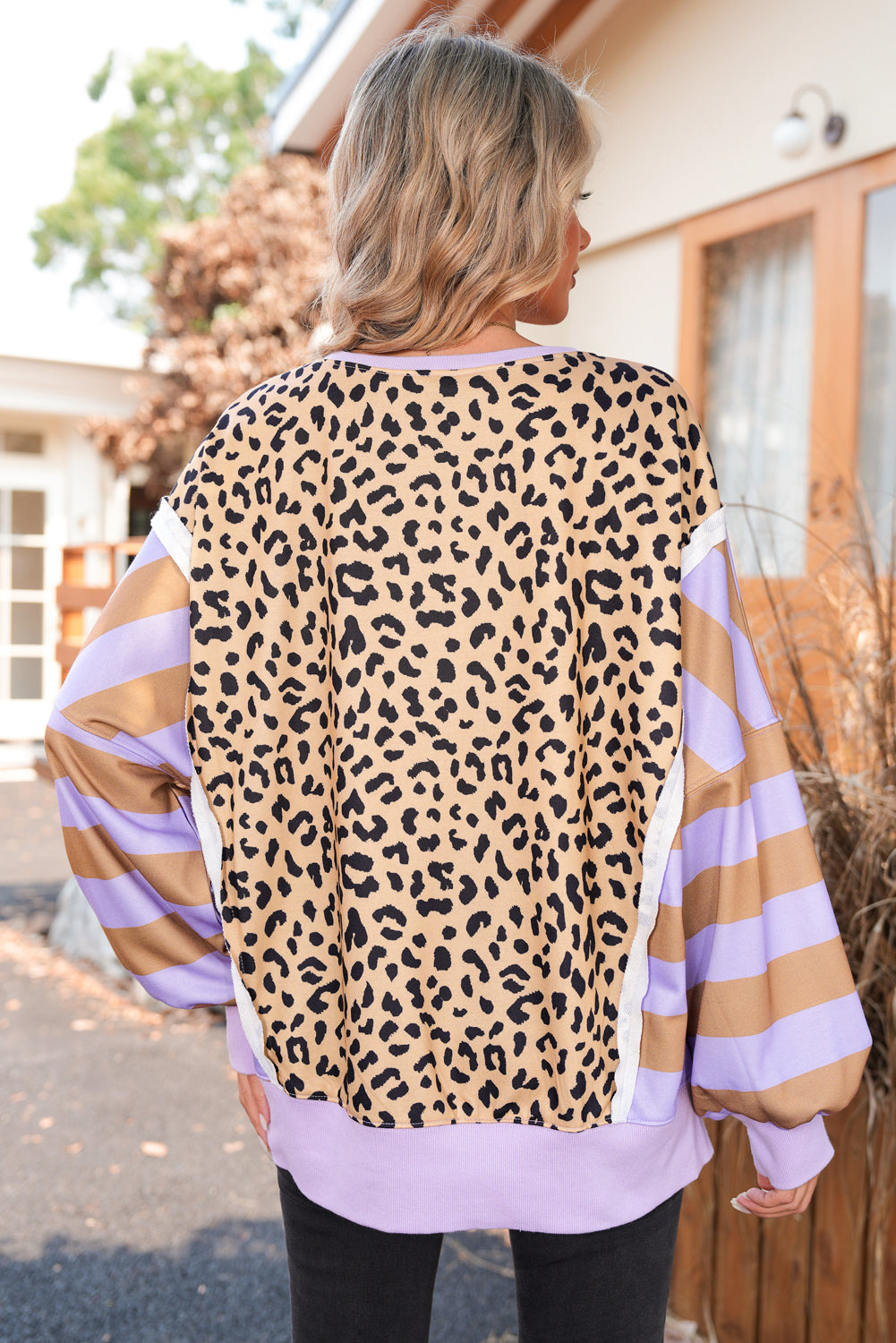 Purple Striped Leopard Colorblock Side Slits Sweatshirt