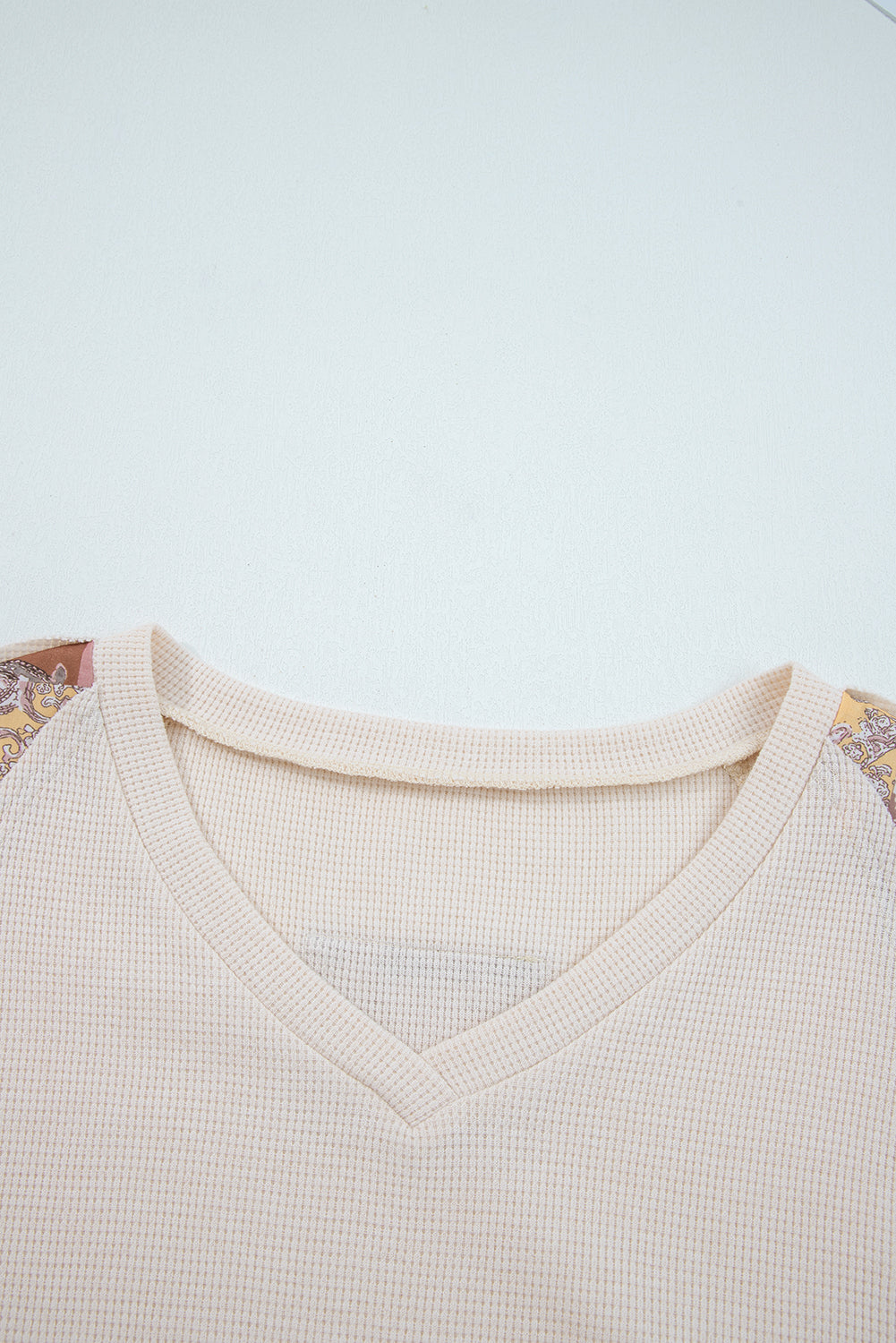 Beige Paisley Ethnic Print Waffle Patchwork Long Sleeve Loose Top