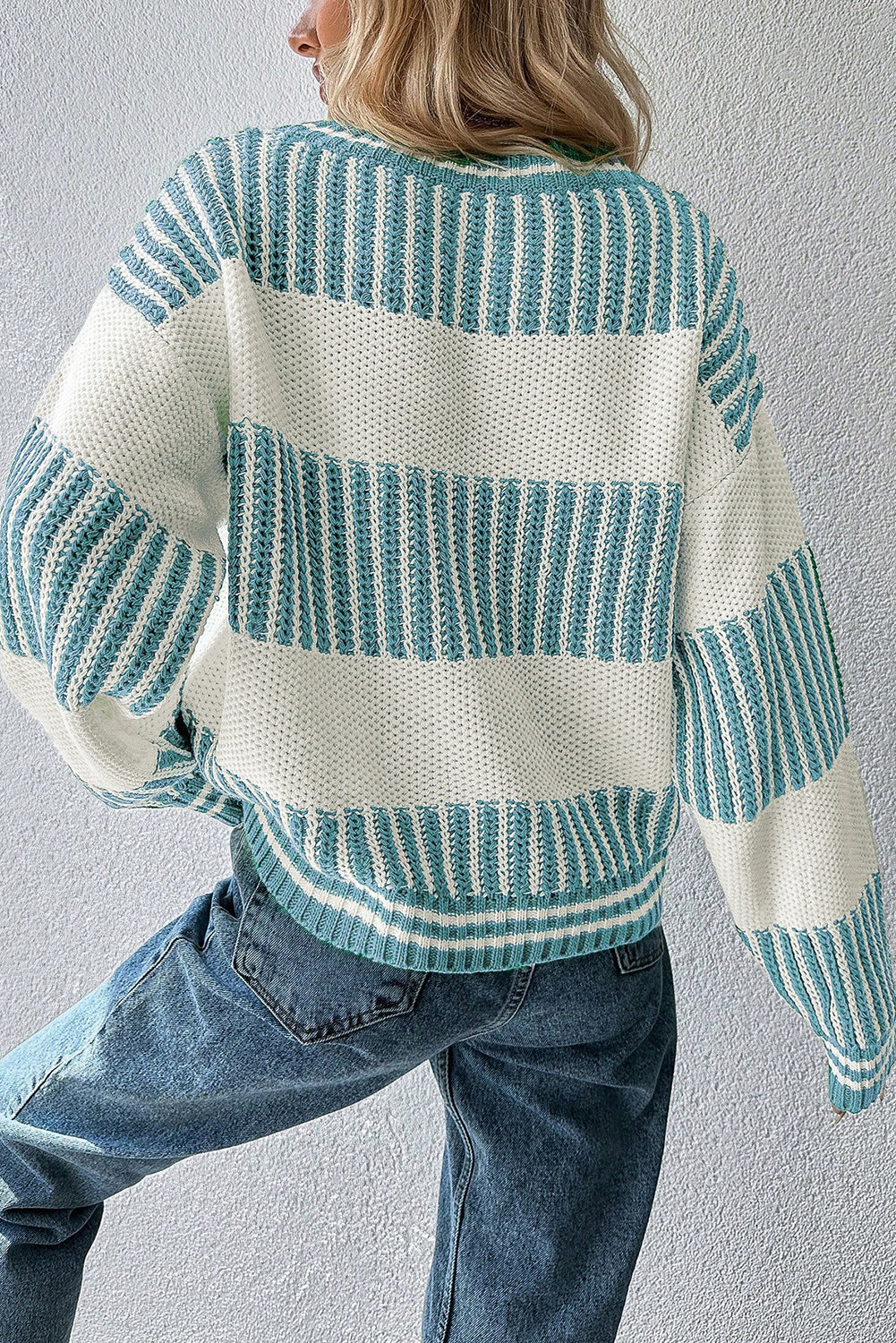 Light Blue Two Tone Striped Patchwork Drop Shoulder Sweater
