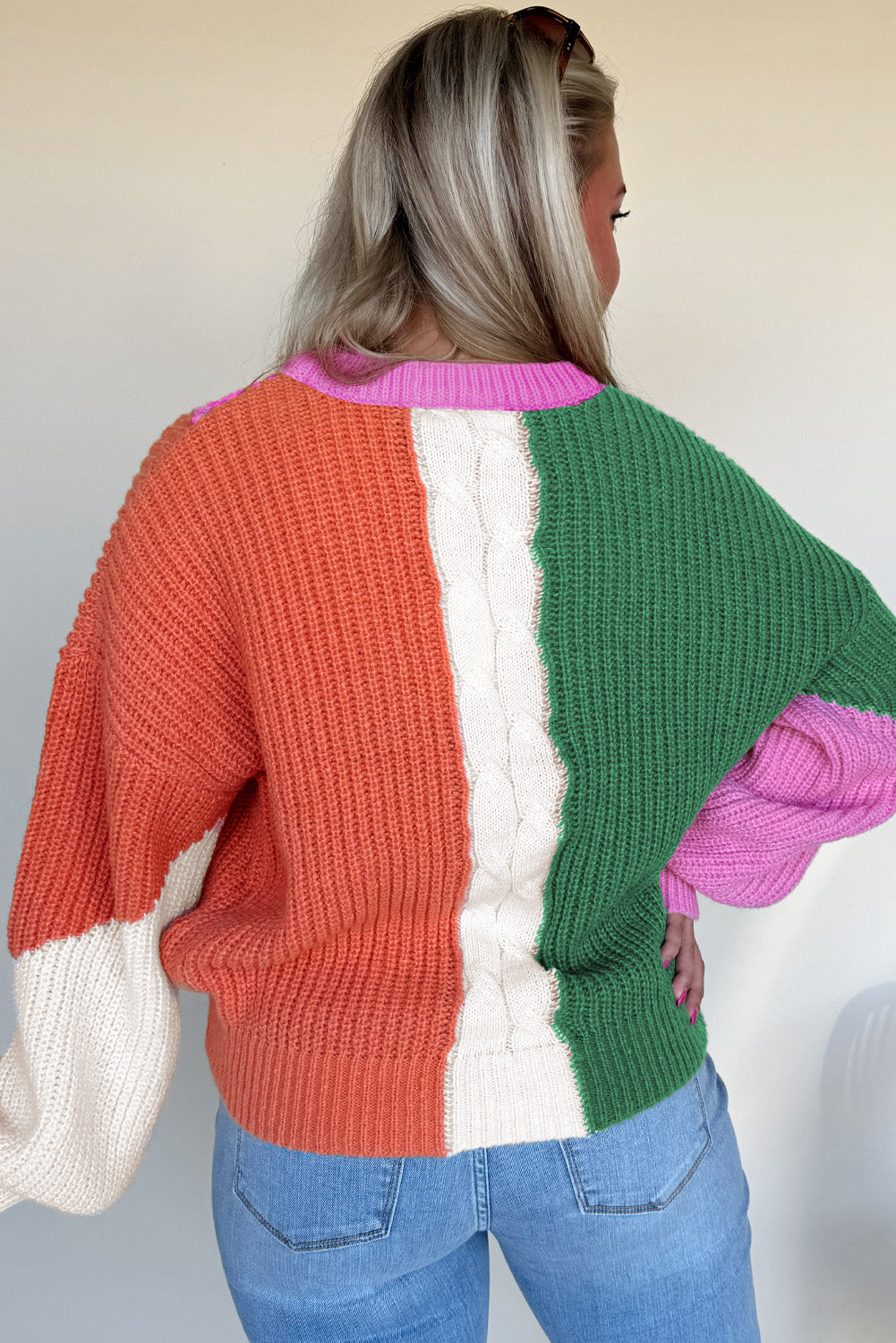 Desert Gold Colorblock Knit Drop Shoulder Loose Fit Sweater