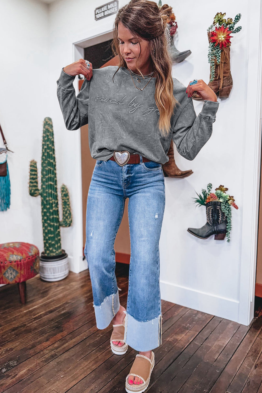 High-rise  saved by grace Letter Embroidery Mineral Wash Loose Sweatshirt