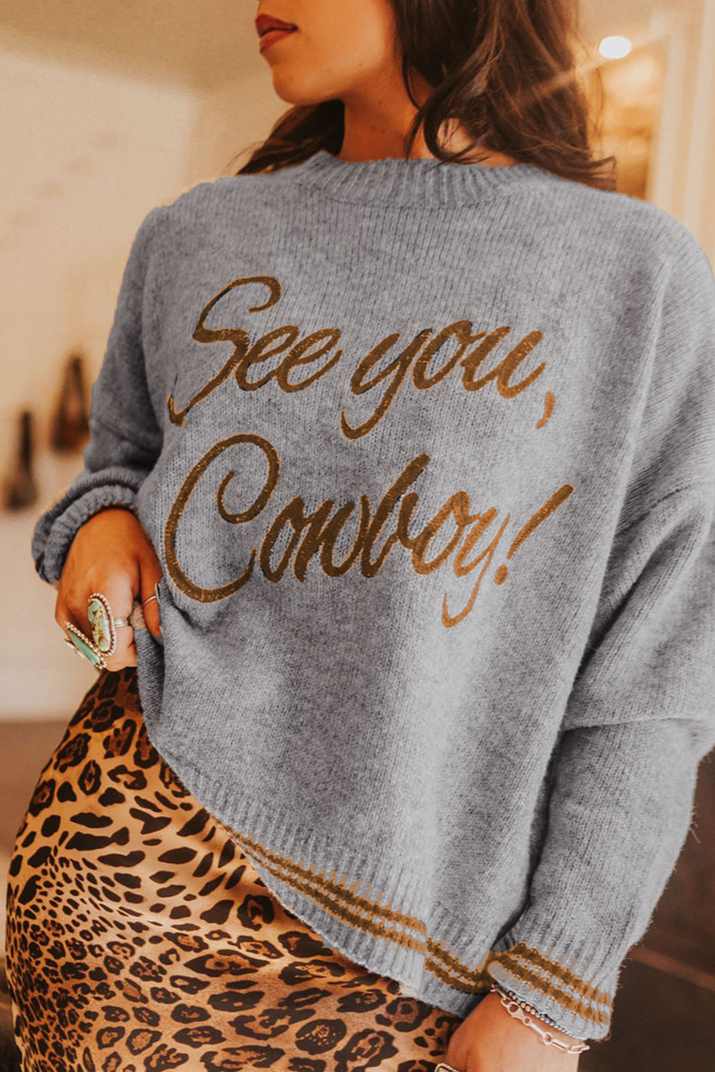 Light Grey Letter Embroidered Graphic Sweater