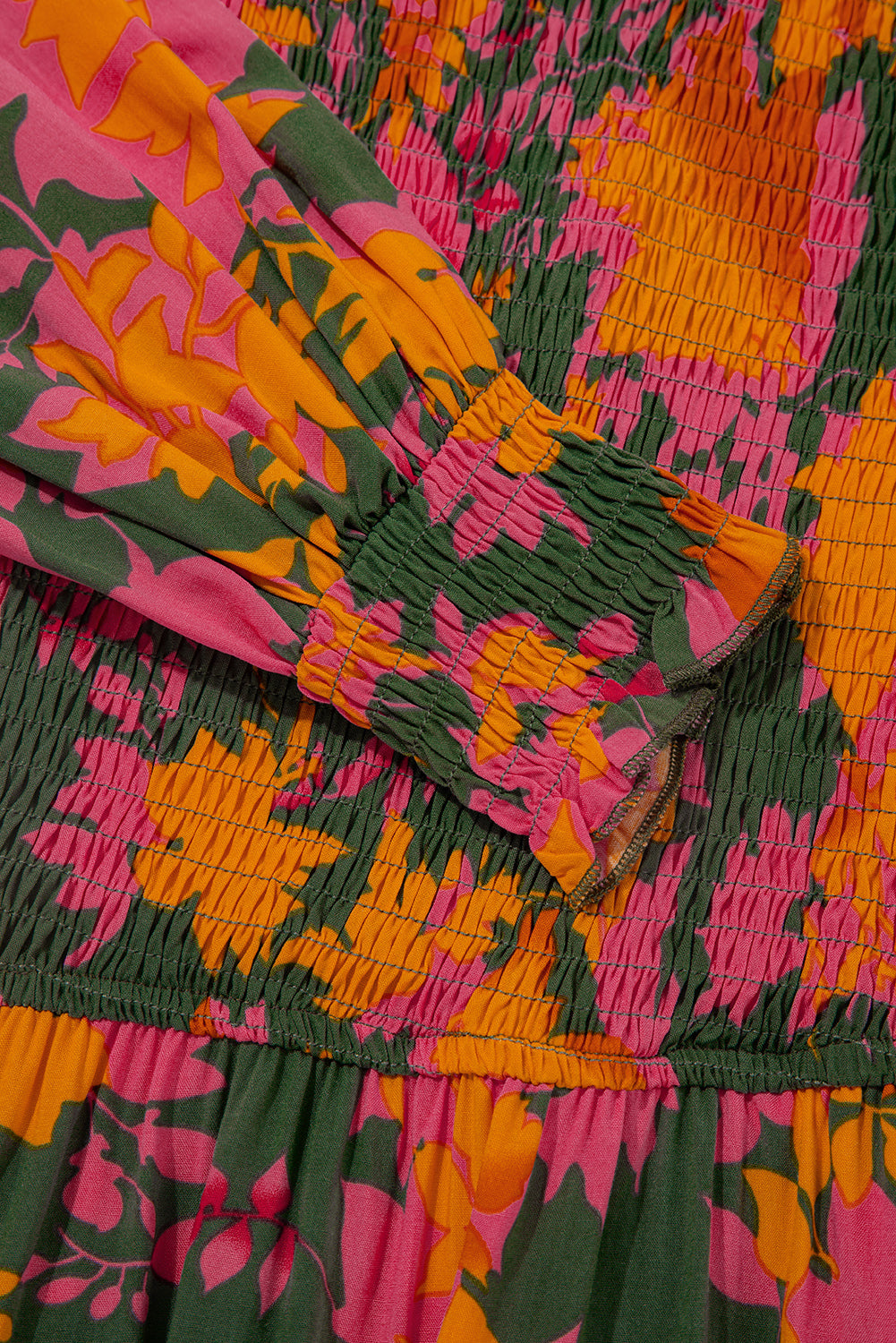 Orange Floral Puff Sleeve Smocked Bodice Frill Tiered Dress