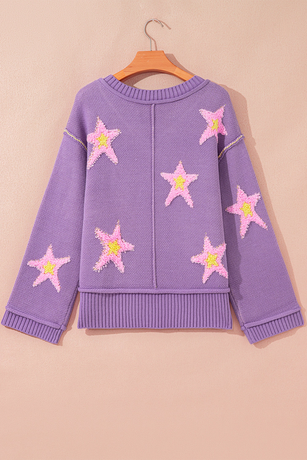 Lavendula Brushed Star Graphic V Neck Drop Shoulder Oversize Sweater