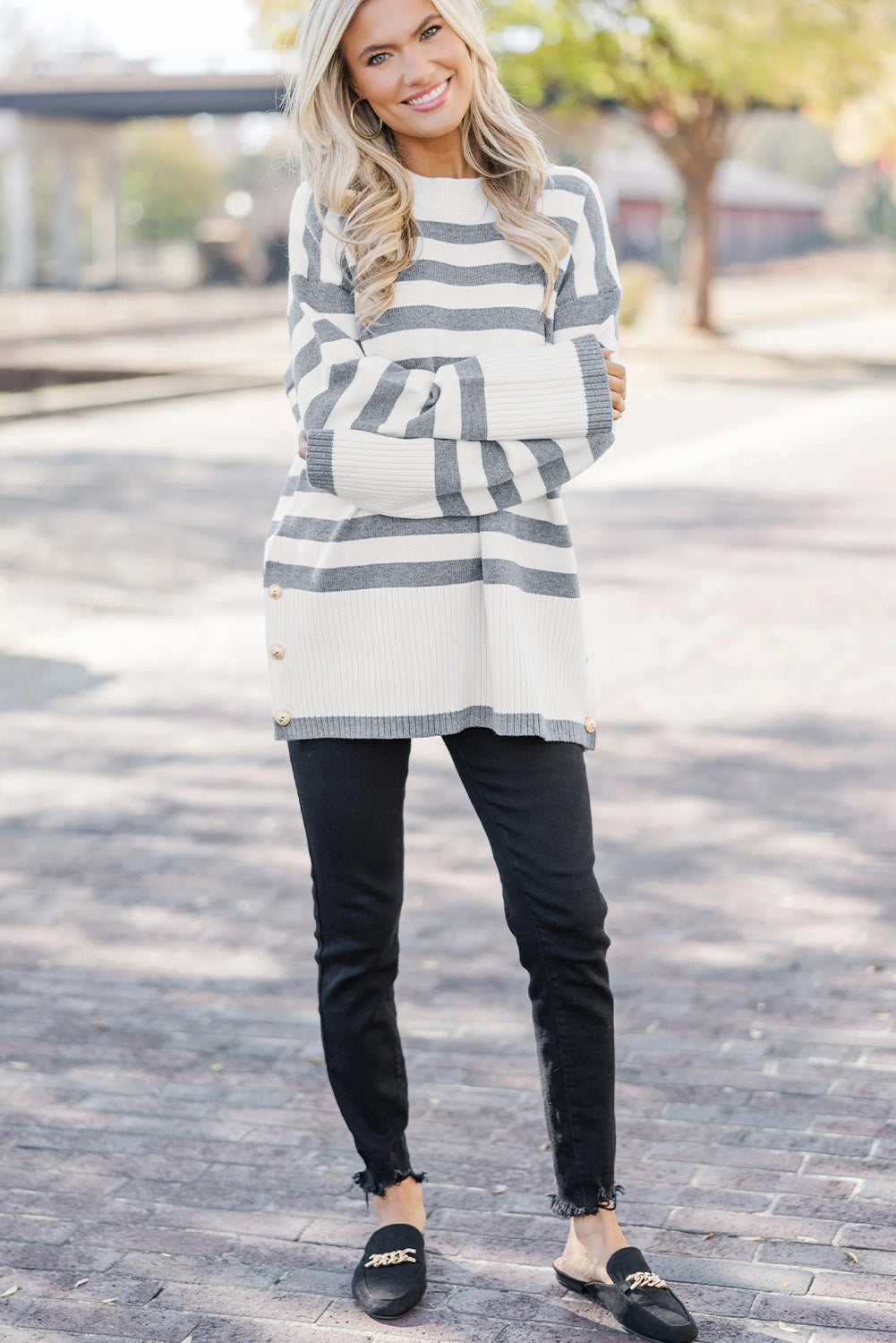 Gray Stripe Ribbed Buttoned Detail Drop Shoulder Tunic Sweater