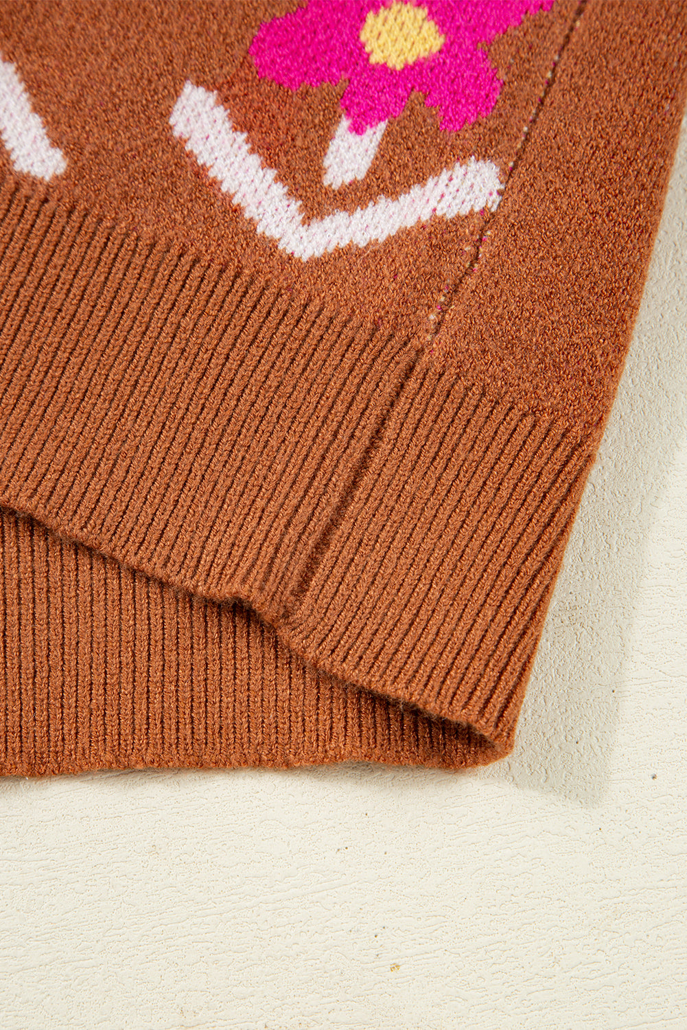 Brown Floral Pattern Short Puff Sleeve Sweater