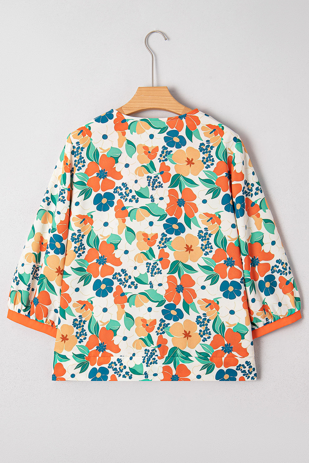 Orange Frilled V Neck Floral Print Bracelet Sleeve Blouse