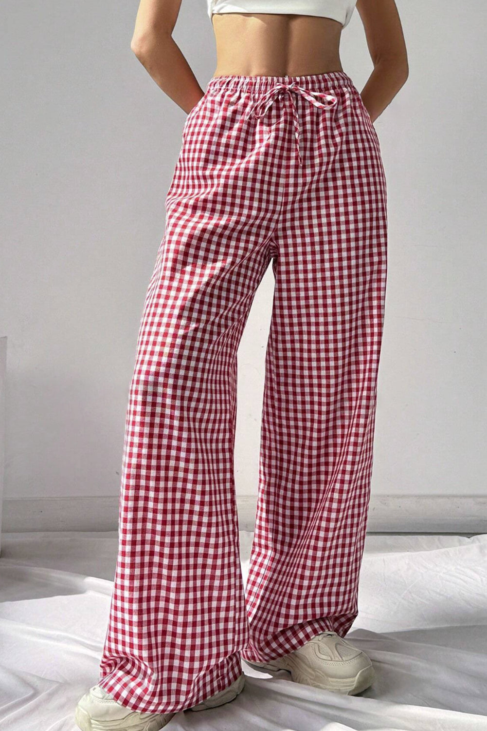Red Plaid Knot Waist Pocket Casual Pants