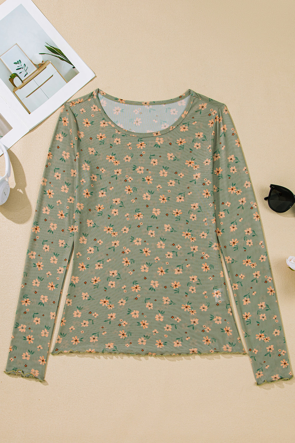 Laurel Green Floral Print Mesh Slim Fit Long Sleeve Top