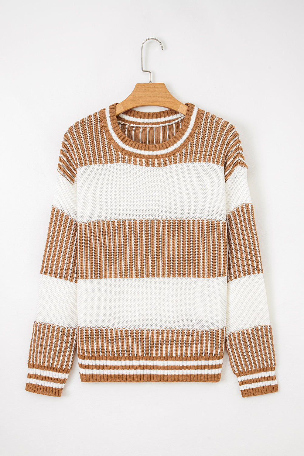 Khaki Two Tone Striped Patchwork Drop Shoulder Sweater
