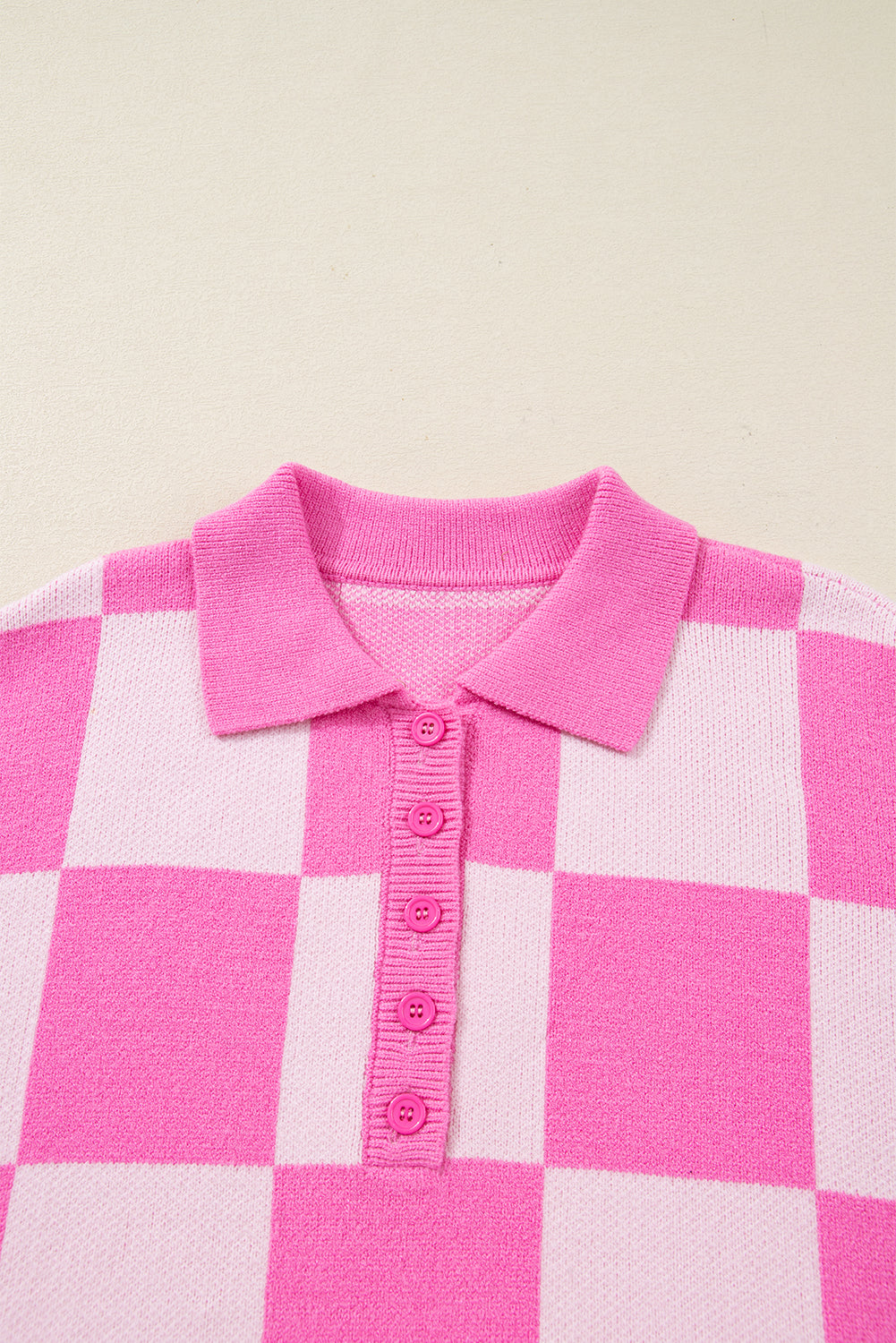 Pink Plus Size Checkered Collared Henley Sweater