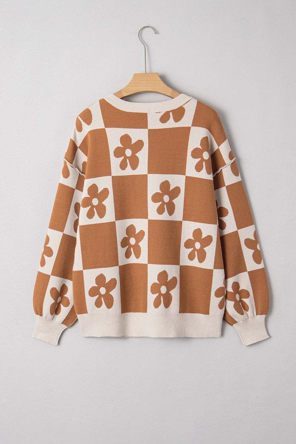 Thai Curry Flower Colorblock Checkered Henley Sweater
