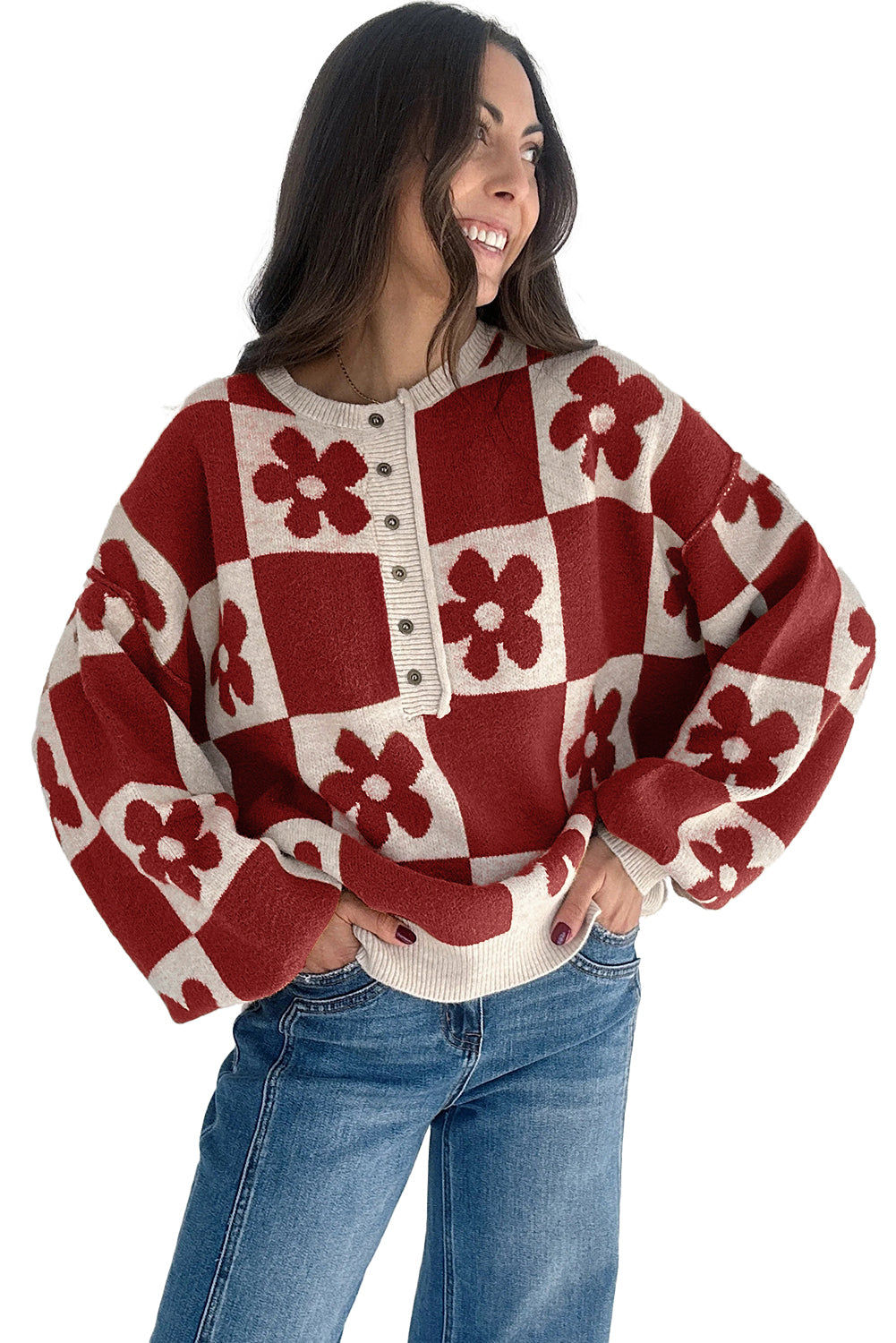 Red Dahlia Flower Colorblock Checkered Henley Sweater
