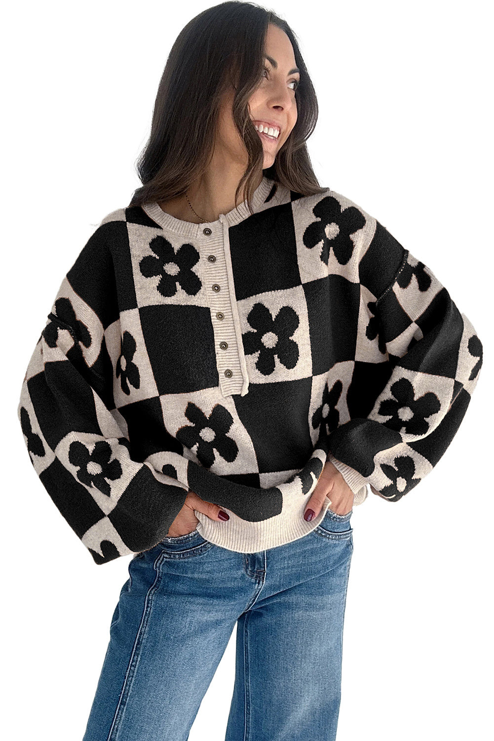 Black Flower Colorblock Checkered Henley Sweater