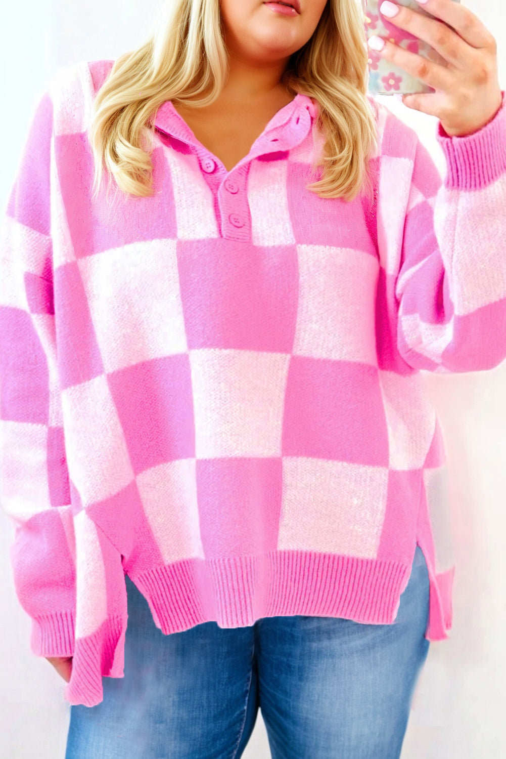 Pink Plus Size Checkered Collared Henley Sweater