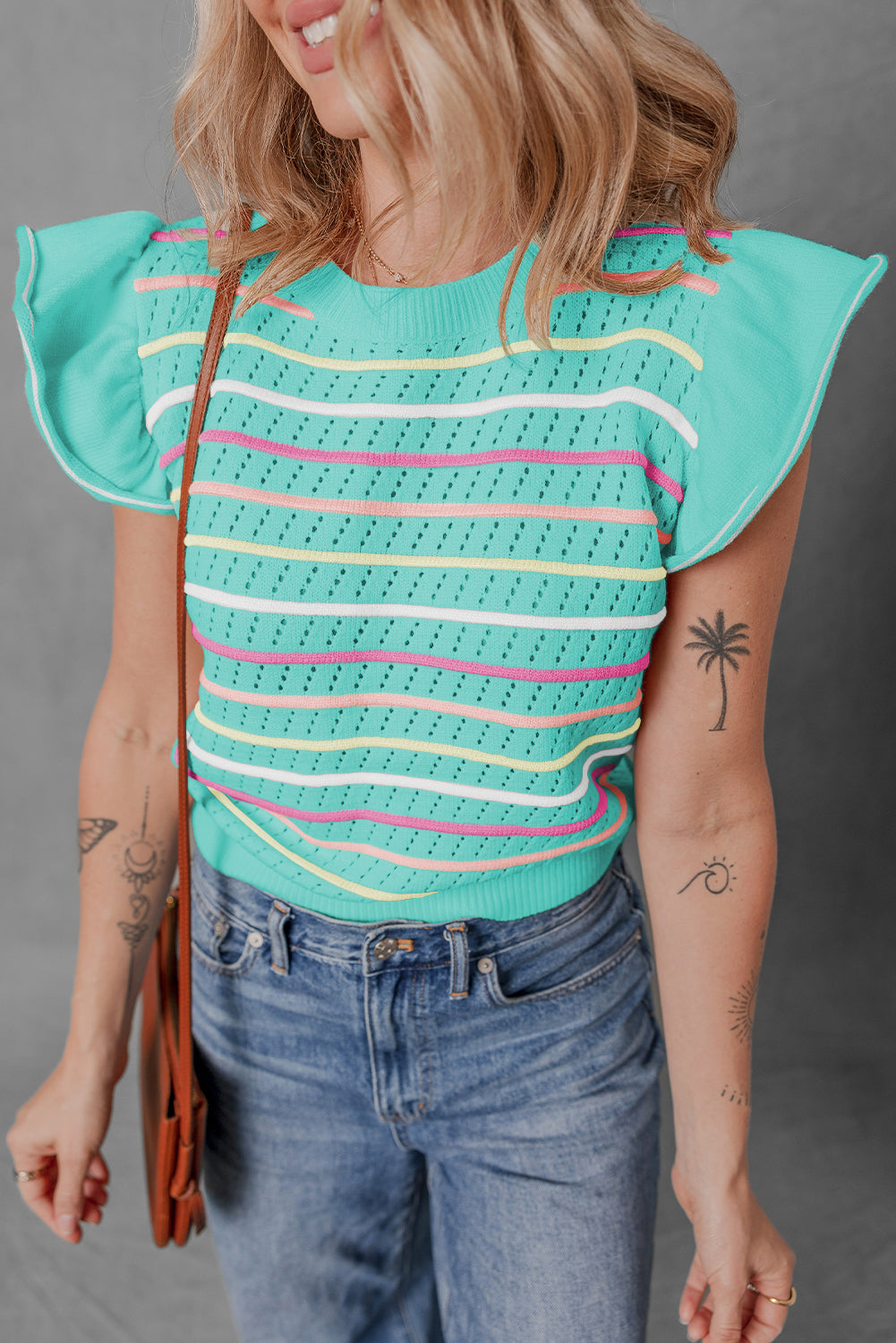 Green Colorful Striped Eyelet Knit Ruffle Top