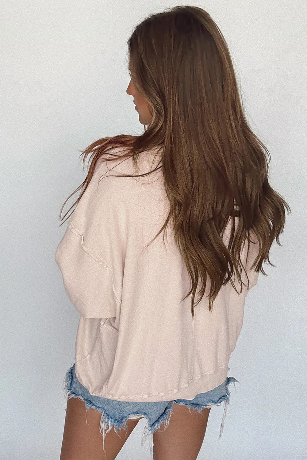 Beige Raw Edge Flower Patch Drop Shoulder Long Sleeve Top