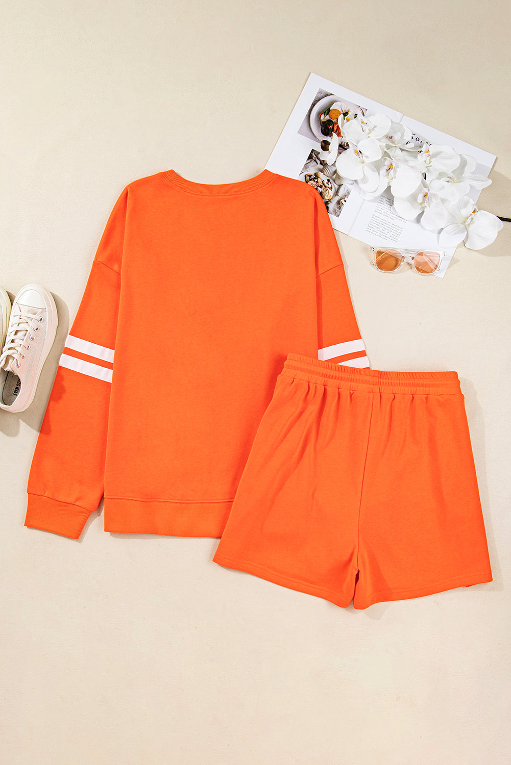 Orange Plus Size Varsity Striped Sleeve Sweatshirt and Shorts Set